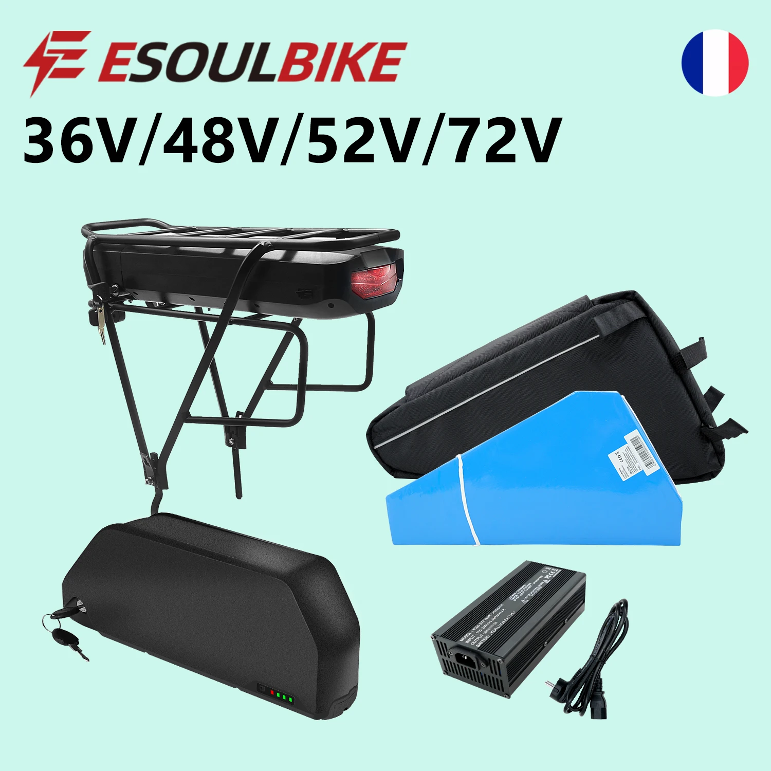 Batteria ESOULBIKE per Portapacchi Posteriore Bici Elettrica 36V 48V 17.5AH 13AH Batteria Triangolare 72V 52V 30AH 35AH E-bike Litio Max 50A 80A BMS