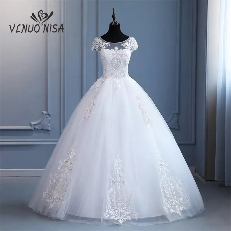 VLNUO NISA Elegant Fashion Factory Cheap Wedding Dress Cap Sleeve Lace Embroidery Princess Plus Szie Bridal Gwon Real Photo