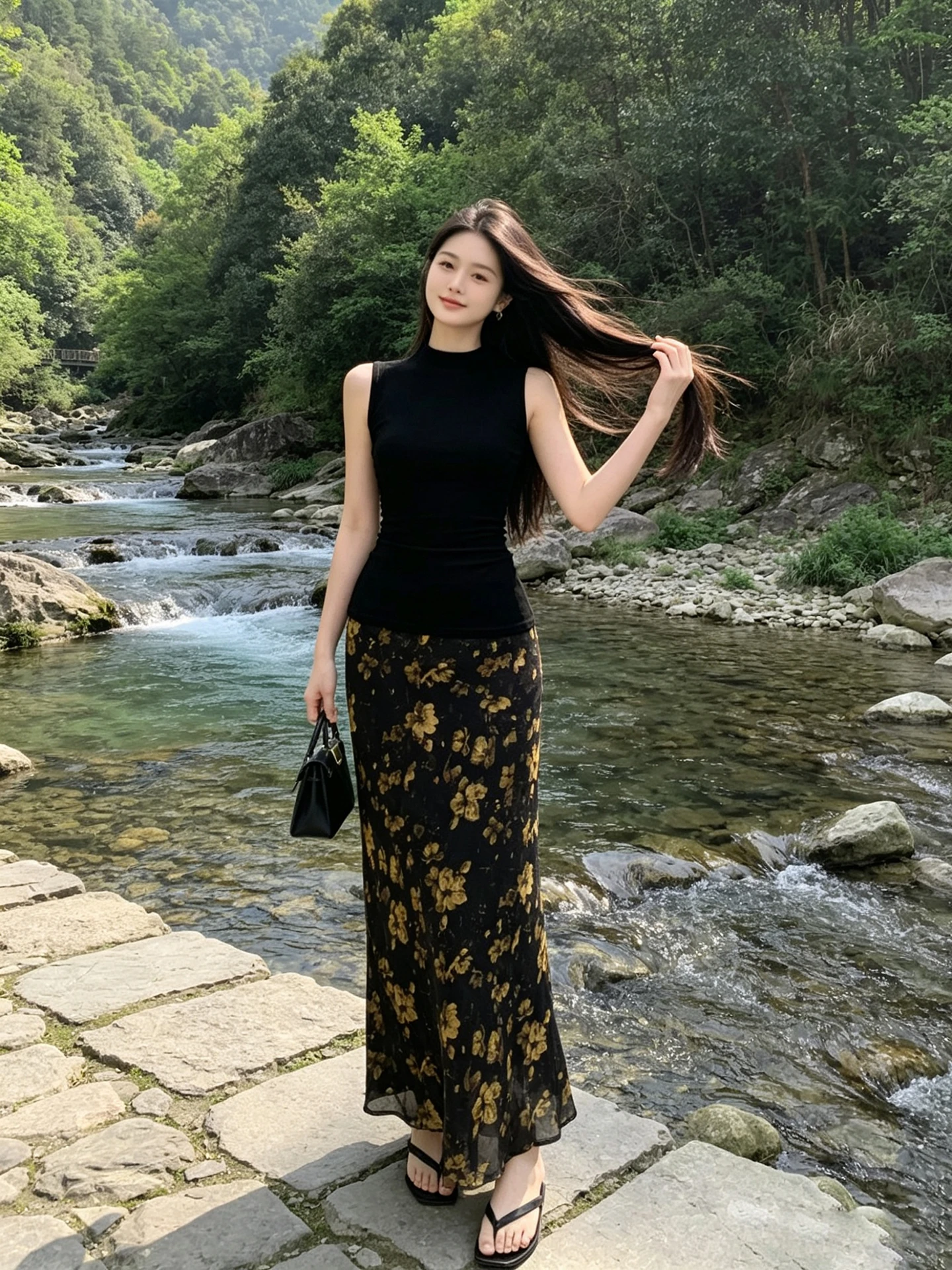 

Black Knitted Sleeveless Top And Floral Chiffon Half Skirt Set Women's Summer High Waist Slimming Fish Tail Long Skirt Suit