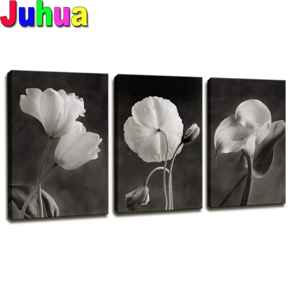 5D Diamond Painting 3 pieces Set black and white flowers Home Decoration Full Drill Embroidery Handicraft Art Kits