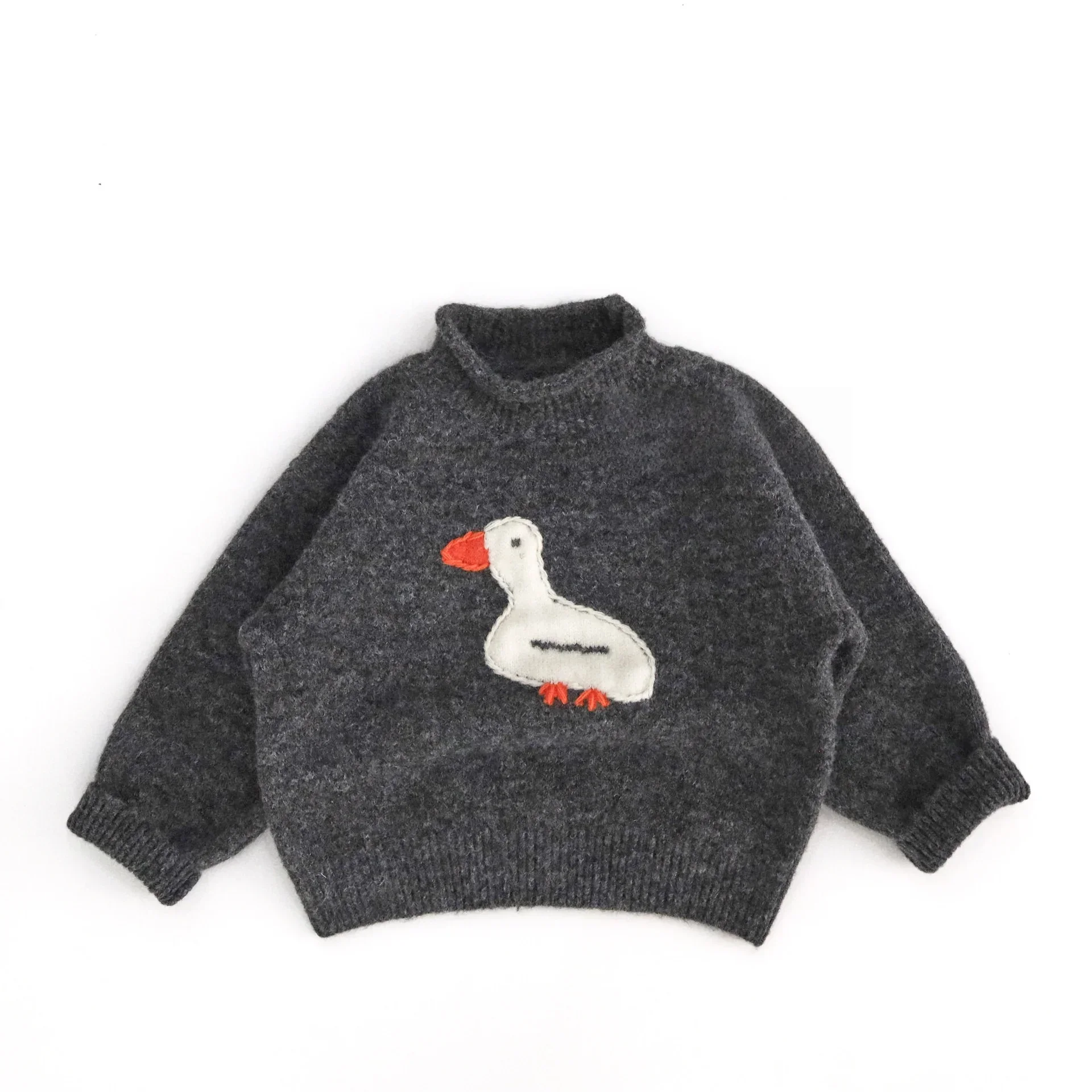 

Autumn Winter Children's Clothes Sweater Dark Gray Mock Neck Cartoon Goose Embroidery 1-6Y Biys & Girls Warm Knitwear