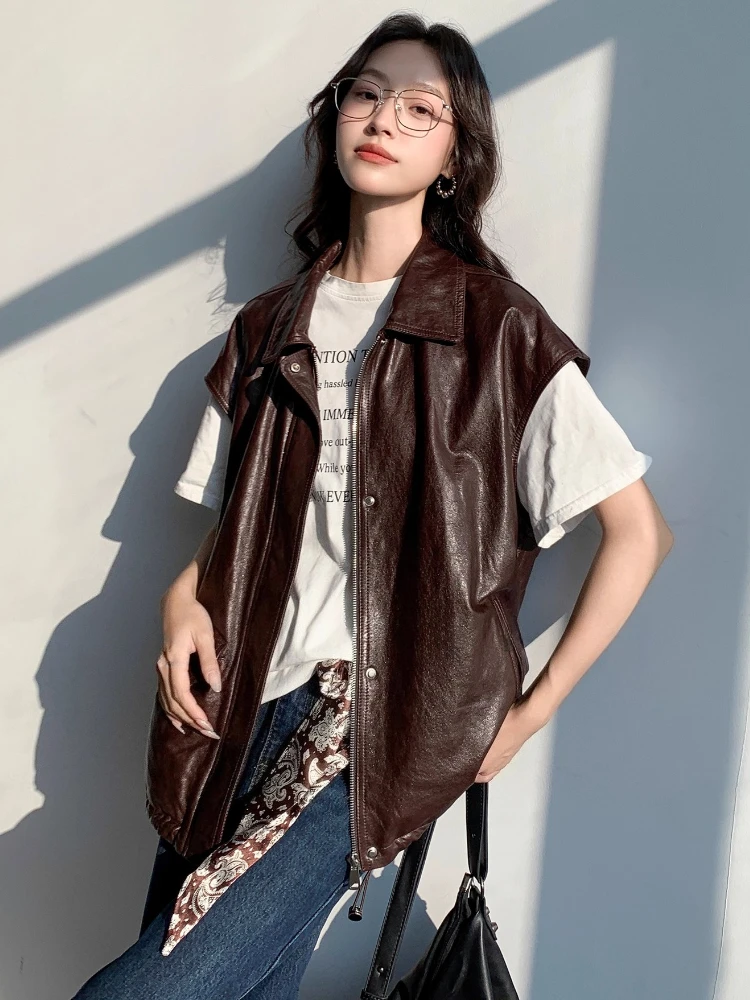 Casual Echtes Leder Ärmellose Weste Jacken für Frauen Frühling Herbst High-end-Einfache Feste Weiche Öl Wachs Echt Schaffell mantel
