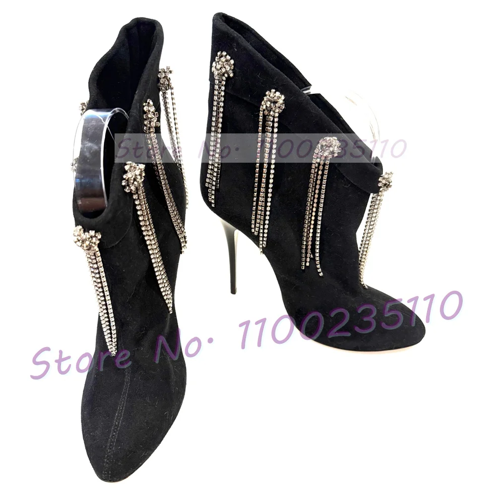 Sparkly Crystal Fringed Stiletto Ankle Boots Female Stylish Round Toe High Heels Angled Opening Design Party Women Suede Boots