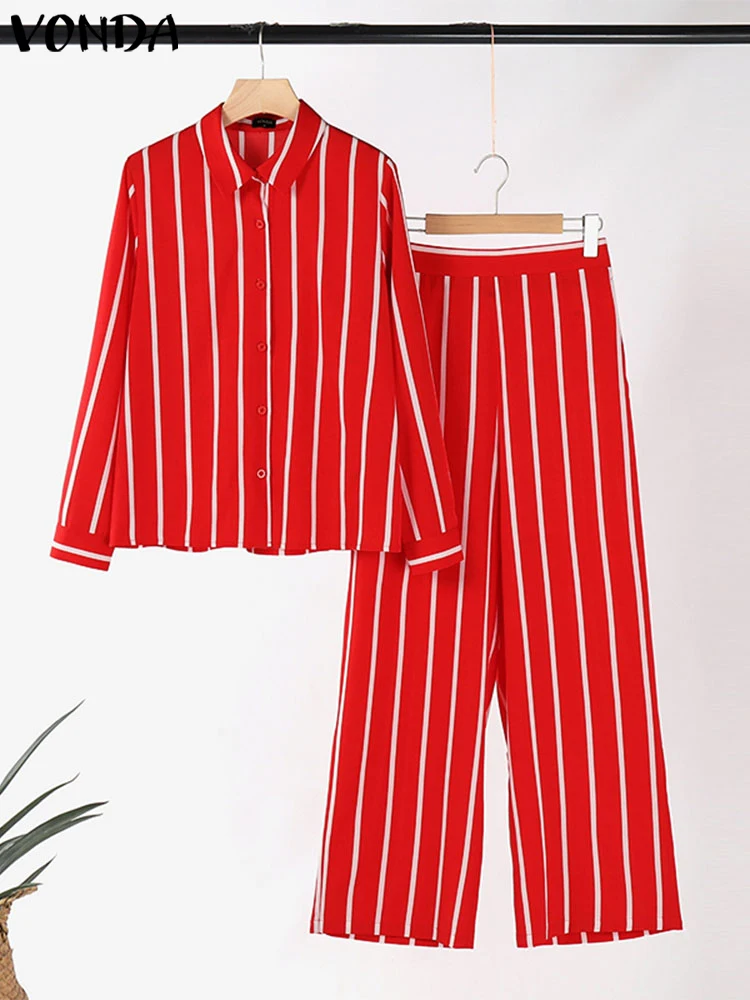 VONDA Fashion Matching Sets Women Pants Sets 2024 Vintage Striped Shirt Trouser Casual Two-Piece Sets Autumn Office Lady Suits