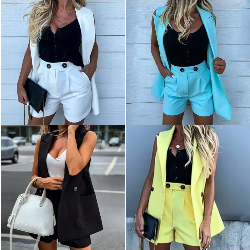 Summer Women Sleeveless Solid Button Up Two Piece Set Blazer Top And Pocket Short Set Elegant Office Ladies Suits Women Workwear