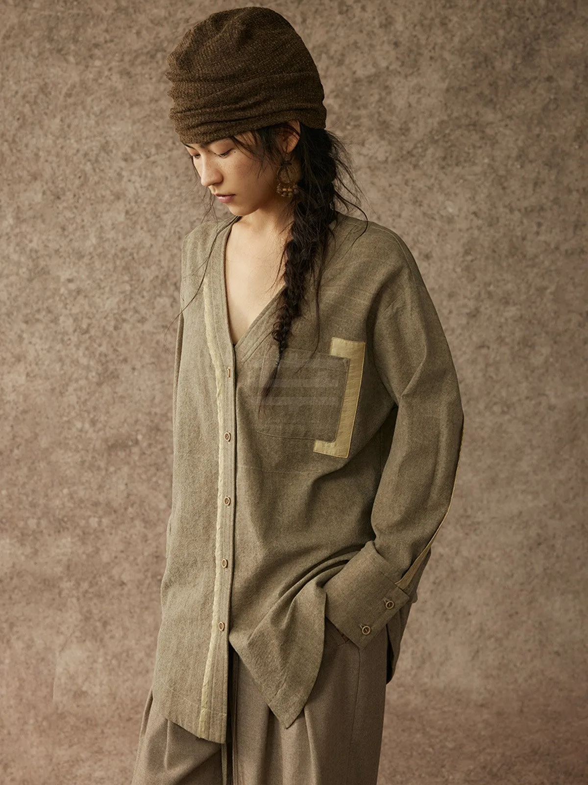 

alpa Lew l Fermentation Old Tree Skin irt Sle Jaet Outerwear Women's Chinese Sle Long Sve V-Ne Cotton L...