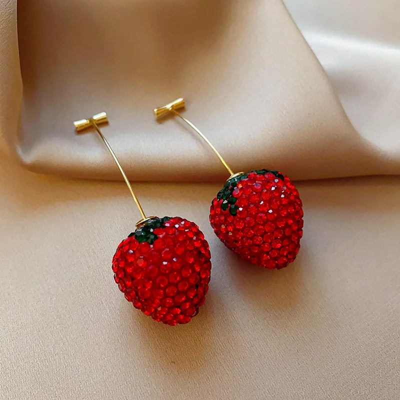 2 Pcs Rhinestone Strawberry Earrings for Women Sweet Lovely Girl Heart Drop Earrings Temperament Light Luxury Jewelry Wholesale