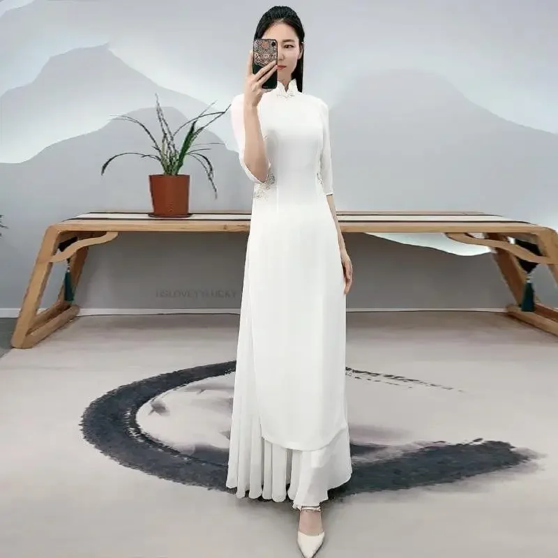 Mulher elegante aodai vietnã roupas tradicionais vietnã ao dai vestido melhorado cheongsam vietnã ao dai conjunto cheongsam de duas peças