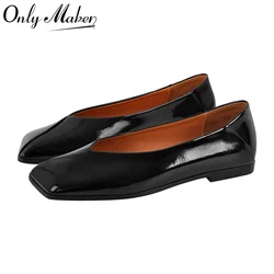 Onlymaker Women Square Toe Flats Metallic Leather Stylish Casual Shoes Silver Fashionable Loafer Flats