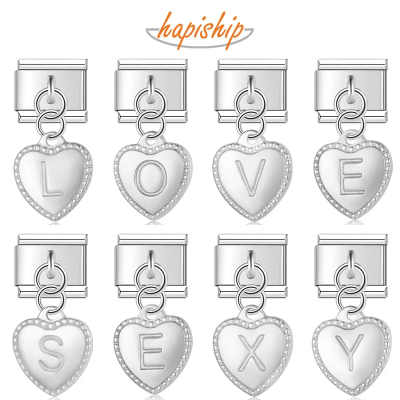 Hapiship-A-Z de corazón romántico para mujer, 26 letras, eslabones italianos, aptos para pulsera de 9mm, joyería de acero inoxidable DJ1071, novedad de 2024