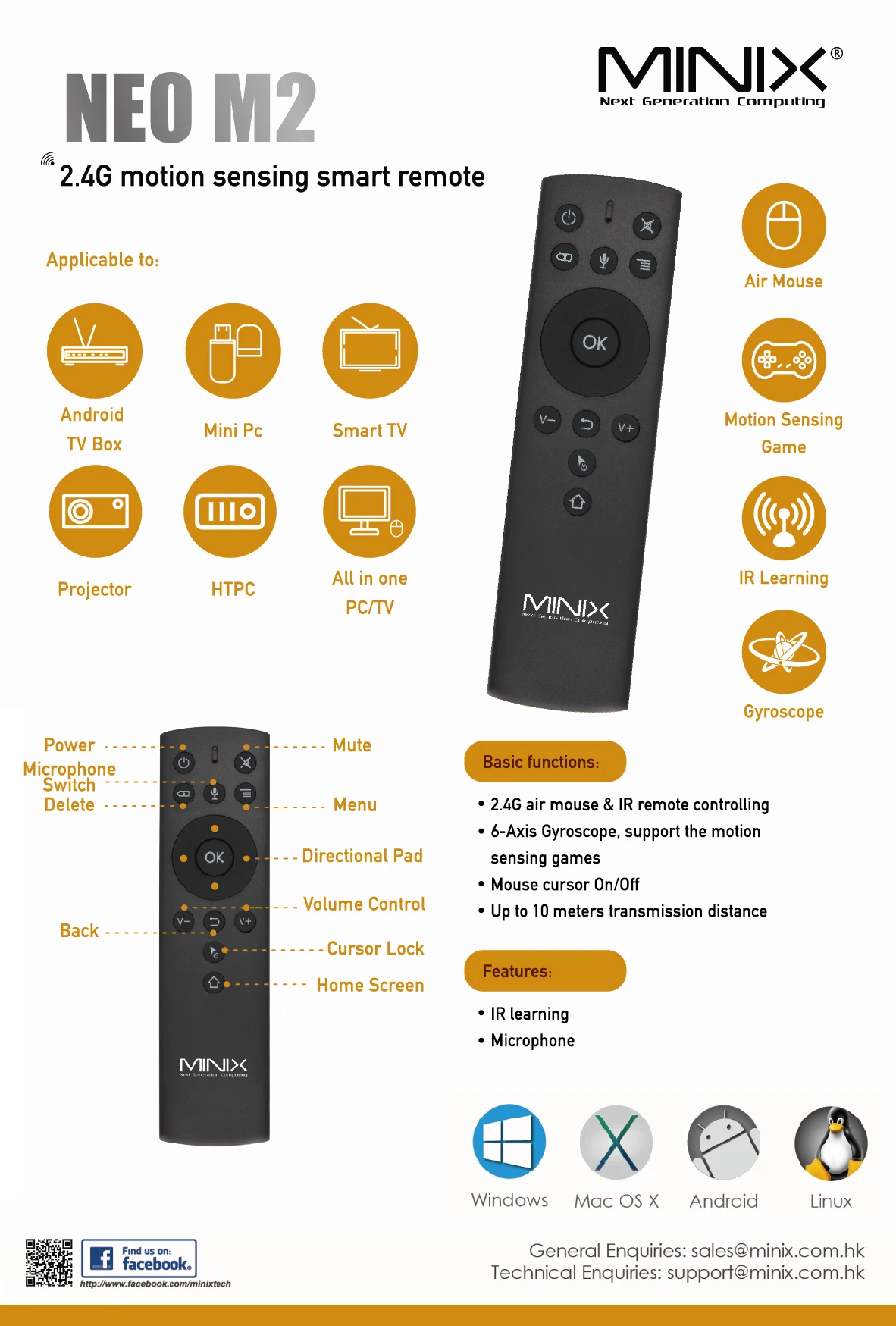 MINIX M2   2.4G wireless remote control for MINIX U9, U22X-J , X39, X35-i airmouse for android media player