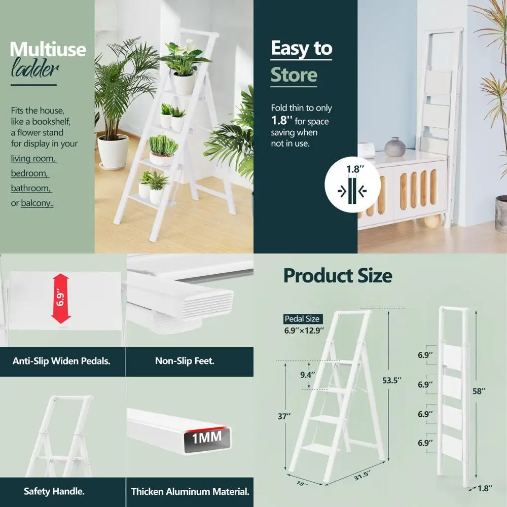 

Folding Aluminum Step Stool with Anti-Slip Treads, Lightweight, Easy Storage, Holds 300lbs, Reaches 9ft, White