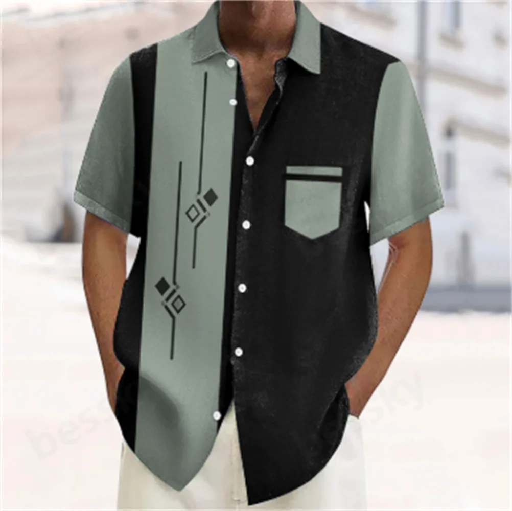 

Men's summer retro bowling casual buttons contrast shirt color block Cuban shirt