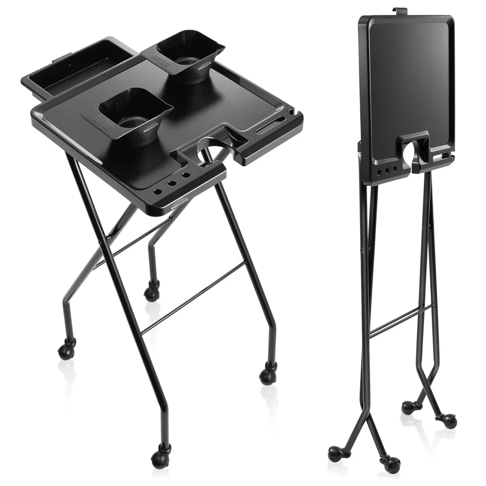 Rolling Salon Coloring Tray - Folding Hair Stylist Color Cart with Drawer and Magnetic Bowls