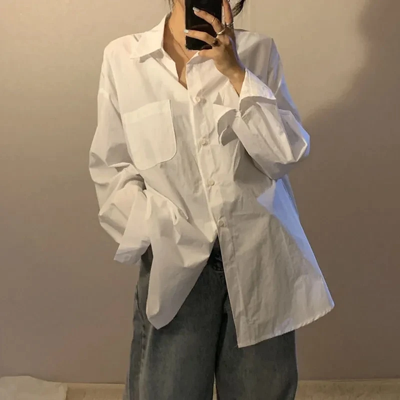 Vintage Loose Solid Women Shirts Harajuku Korean Preppy Pocket Long Sleeve Casual Top Autumn All Match Single Breasted Outerwear