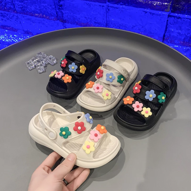 Cute Flower Deco Sandals For Kids Girls Summer Anti-Slip Slippers Children Brand Design Thick Sole Soft Pool Bath Beach Shoes