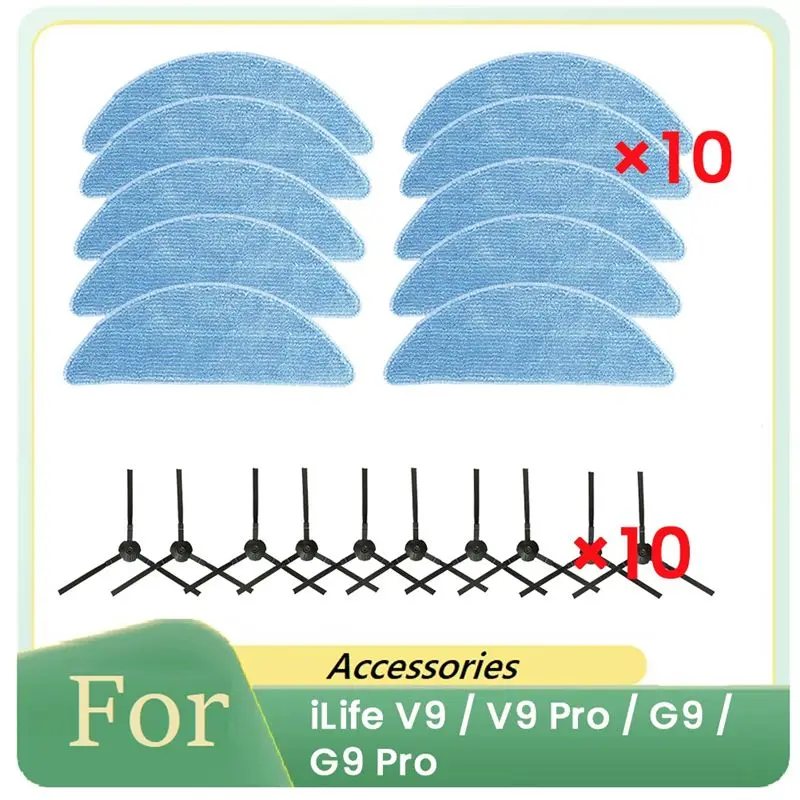 AEE2-20 Pcs Side Brush And Rag For Ilife V9 / V9 Pro / G9 / G9 Pro Robot Vacuum Cleaner Parts Replacement