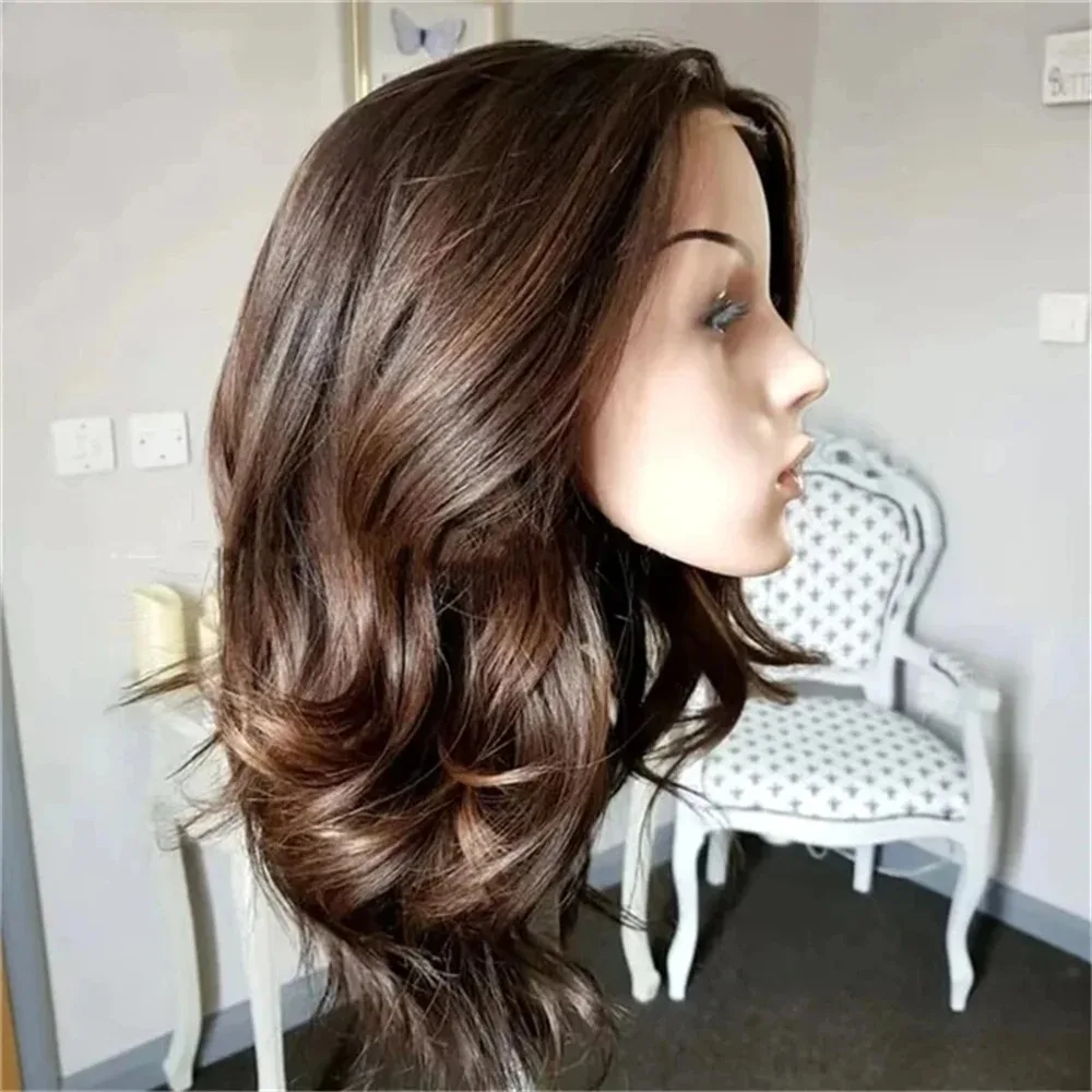 

Темно-коричневые парики с короткими волнистыми прядями и мелированием, с кружевной передней частью 13x4, HD, без клея, термостойкие, синтетические и смешанные кружевные парики