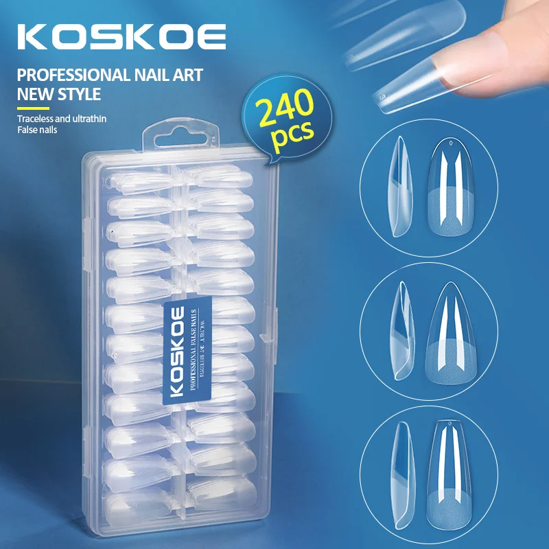 KOSKOE-Herramienta de extensión de uñas postizas, 240 unids/caja, cubierta completa semiesmerilada, cuadrada, Oval, uñas de Gel UV