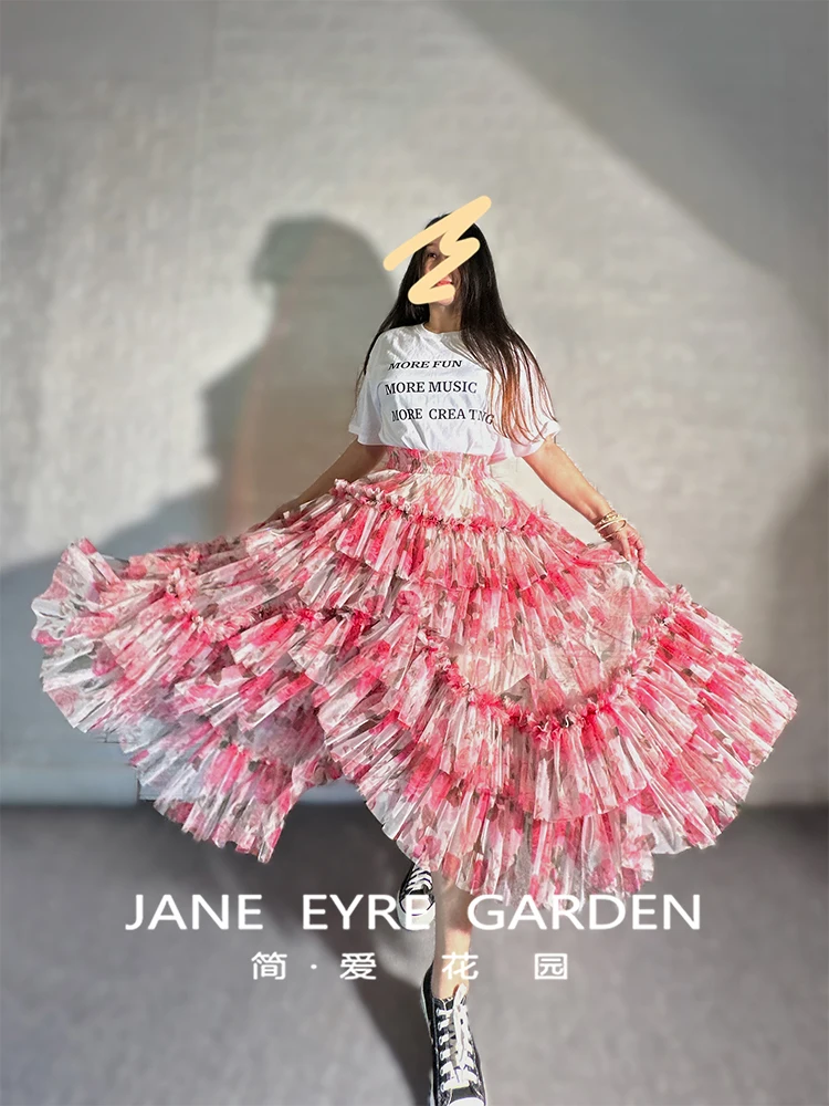 TIYIHAILEY-Women's Long Maxi Mesh Skirt, Elastic High Waist Layer Skirts, Pink Flowers Ball Gown, Fashion, 2025 High Low Ladies