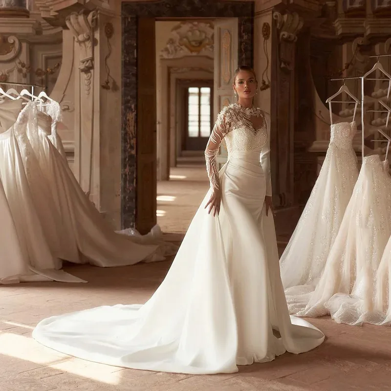 2025 Abiti da sposa a sirena di lusso a maniche lunghe Illusion Brides Abito da sposa Paillettes Fiore 3D Abito da sposa da donna Customizd