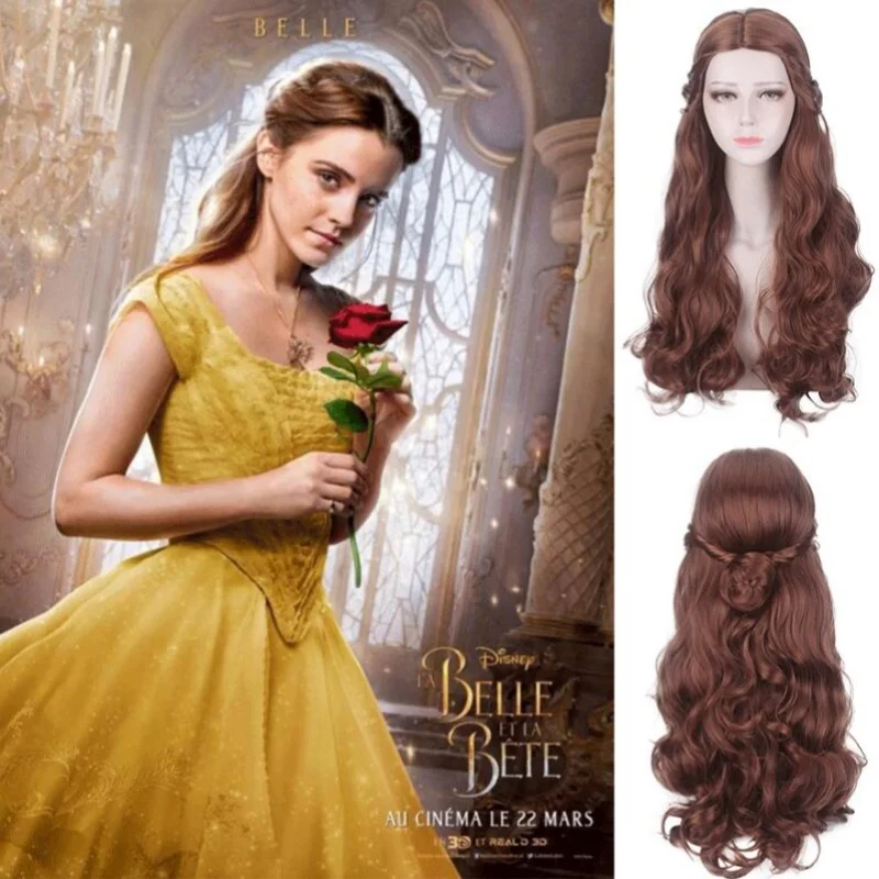 Peruca sintética encaracolada longa com Franja para mulheres, cosplay, princesa belle, resistente ao calor, cabelo com fibra, festa