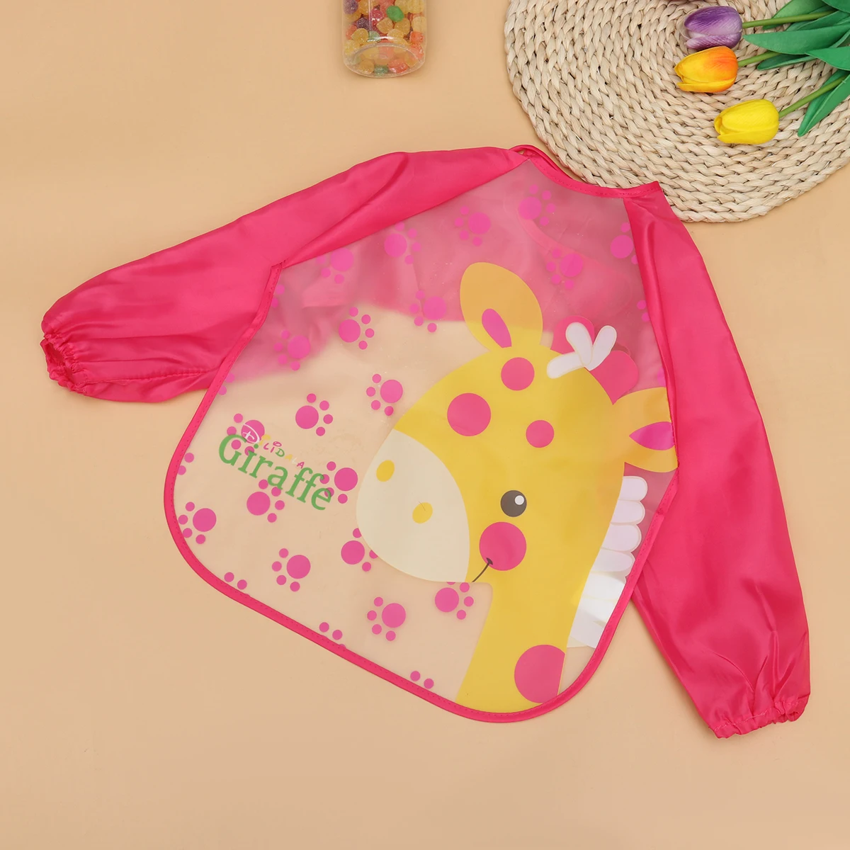 

Waterproof Baby Bib Long Sleeve Cartoon Giraffe Pattern Toddlers Easy Clean Odor Resistant EVA Material Red S Size Fits Infants