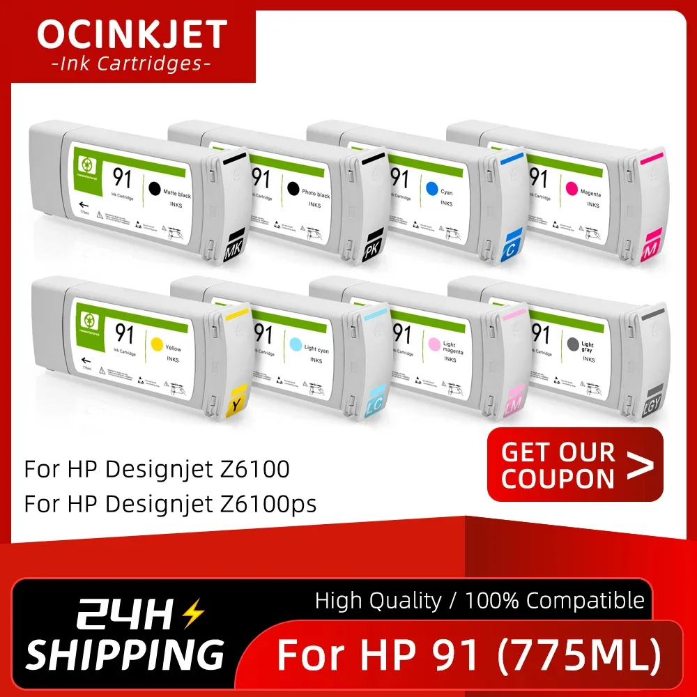 For HP 91 Compatible Ink Cartridge With Full Pigment Ink HP91 For HP Designjet Z6100 Z6100ps Printer 775ML C9464A C9465A C9467A