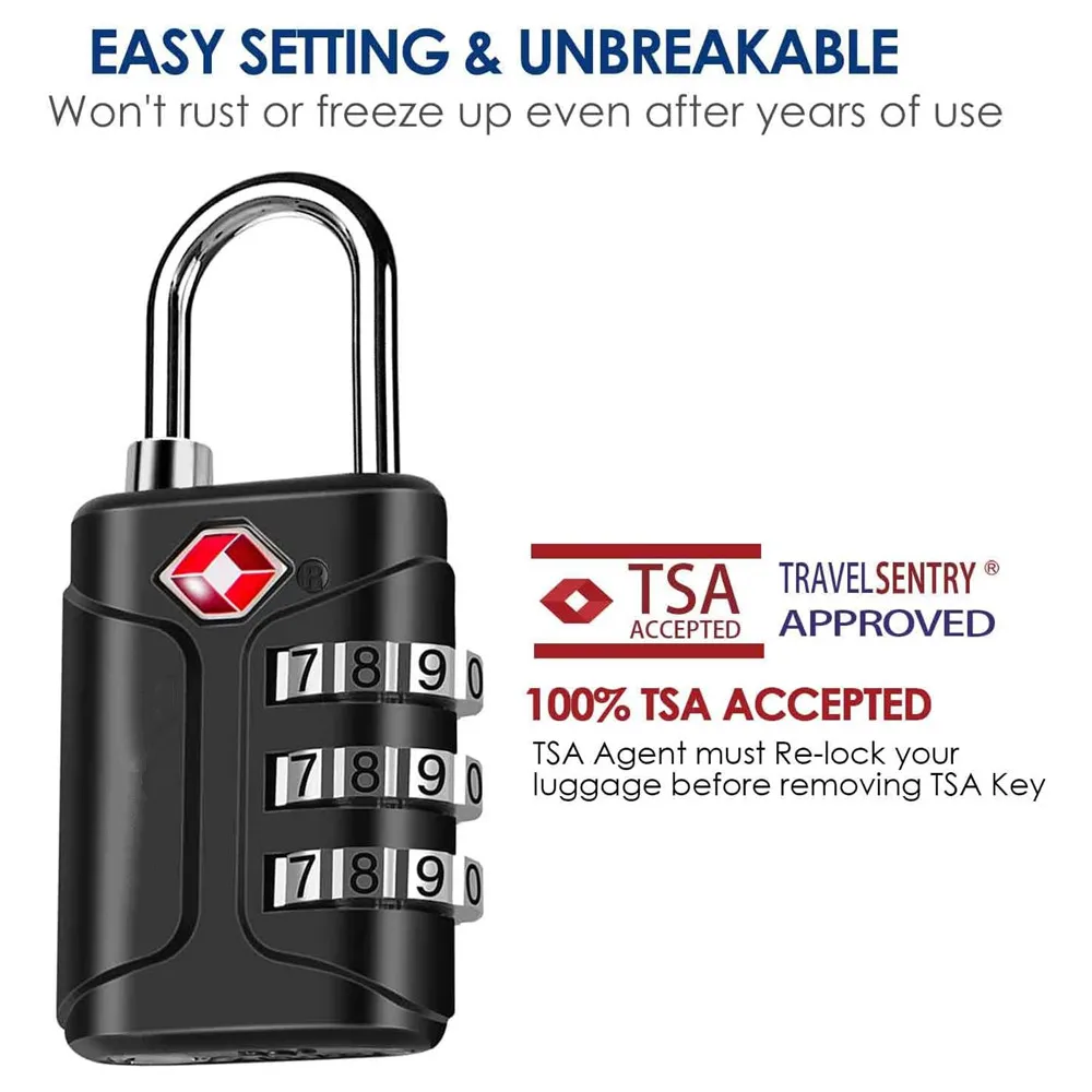 TSA Approved Luggage Locks, Combination Travel Padlock, 3-Digit Waterproof Lock, TSA Accepted Outdoor Keyless Resettable Lock