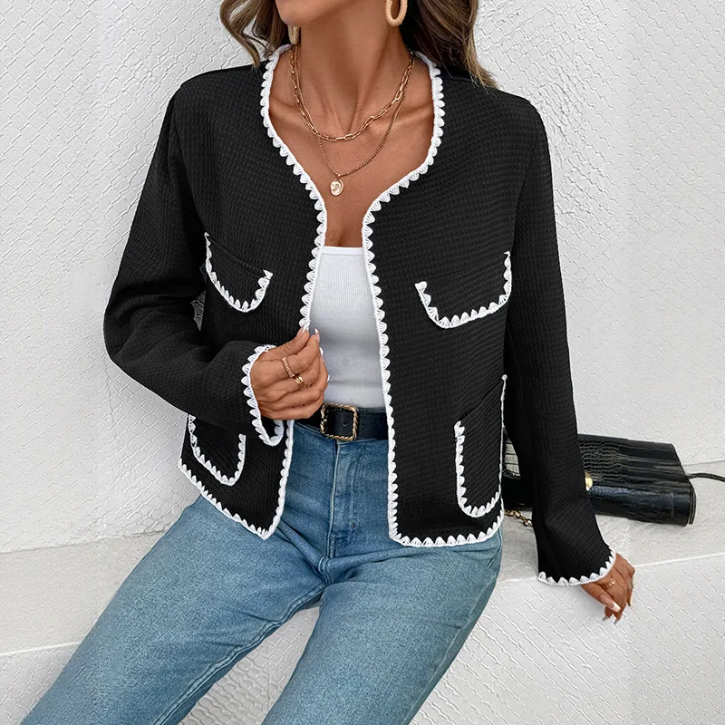 2025 Autumn and Winter New Women's Fashion Casual Small Fragrance Loose V-neck Contrast Trim Joker Buttonless Coat Ladies.