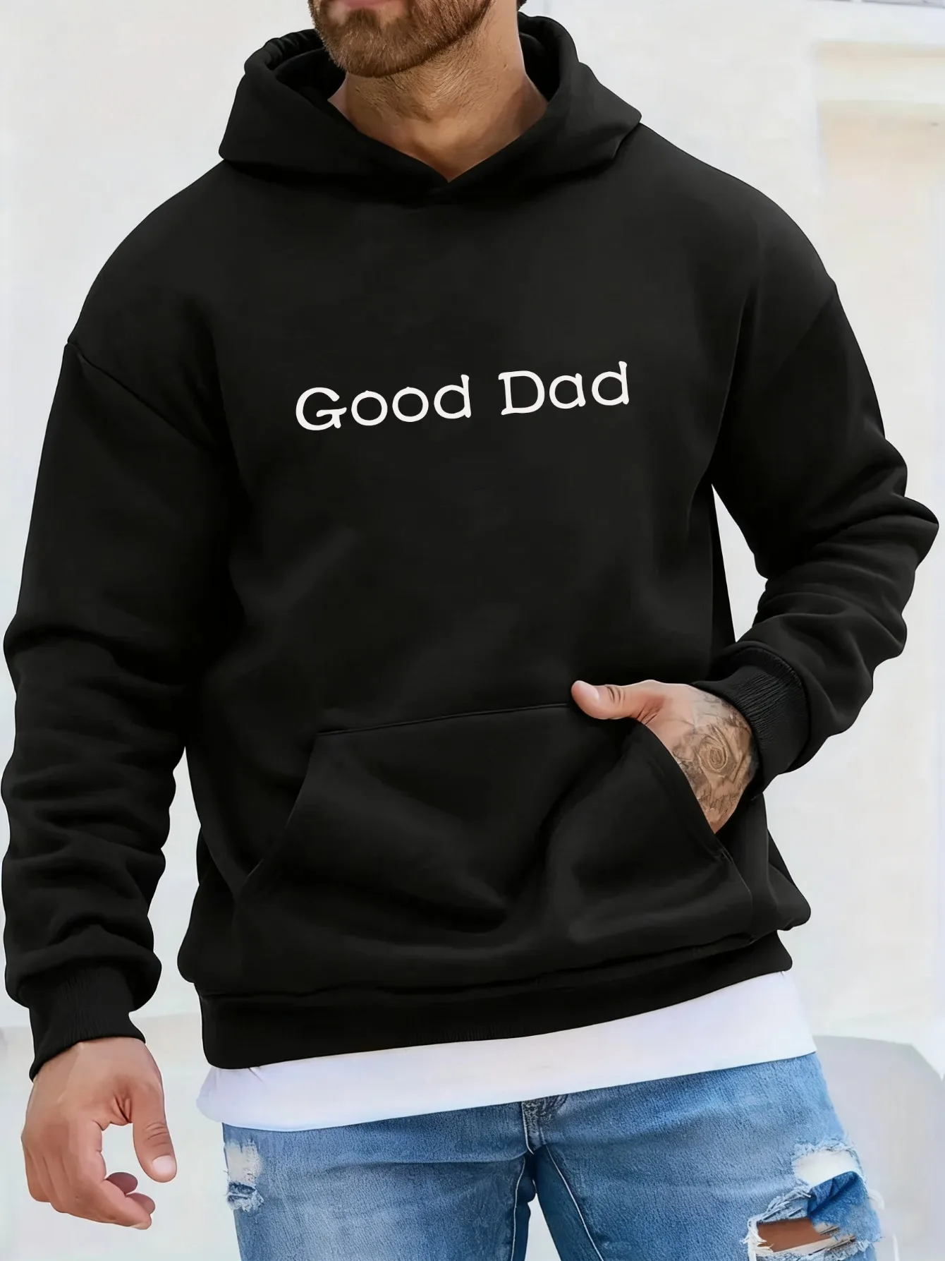 سويت شيرت رجالي بغطاء للرأس بحروف "Good Dad" كاجوال قابل للسحب مع جيب أمامي، مصنوع من نسيج ناعم وجيد التهوية #1