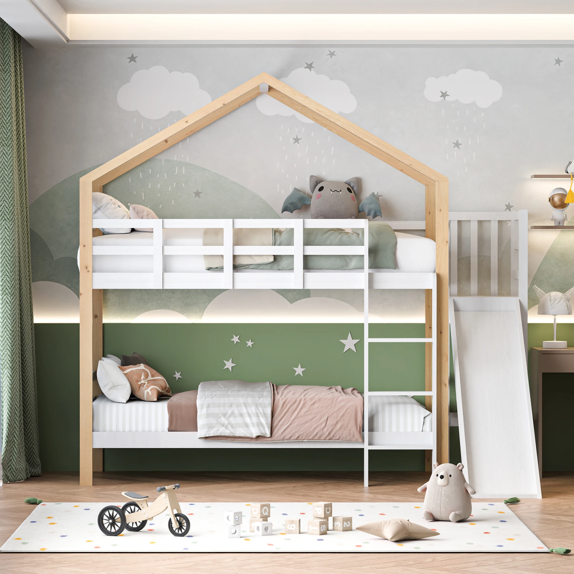 Łóżko dziecięce, 90*200 cm, łóżko piętrowe, łóżko na poddaszu z zjeżdżalnią i wzorem domu, łóżko piętrowe z litego drewna z ramą z listew, białe