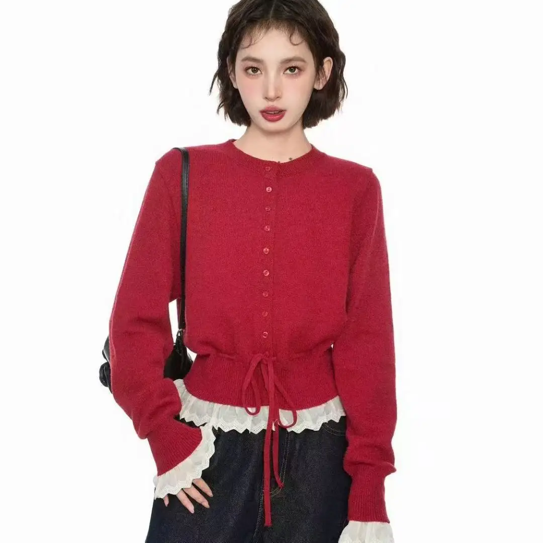 

Spring 2025 New Year Red Women's Knitwear Sweater Sweet Ruffles Lace-Up Layered Top Winter Holiday Fashion Charming Party Outwea