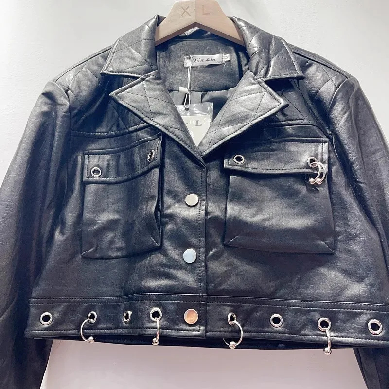 Streetwear Fashion Black Short Faux PU Leather Jacket Spring Women Big Pocket Eyelet Decoration Lapel Long Sleeve Biker Jacket