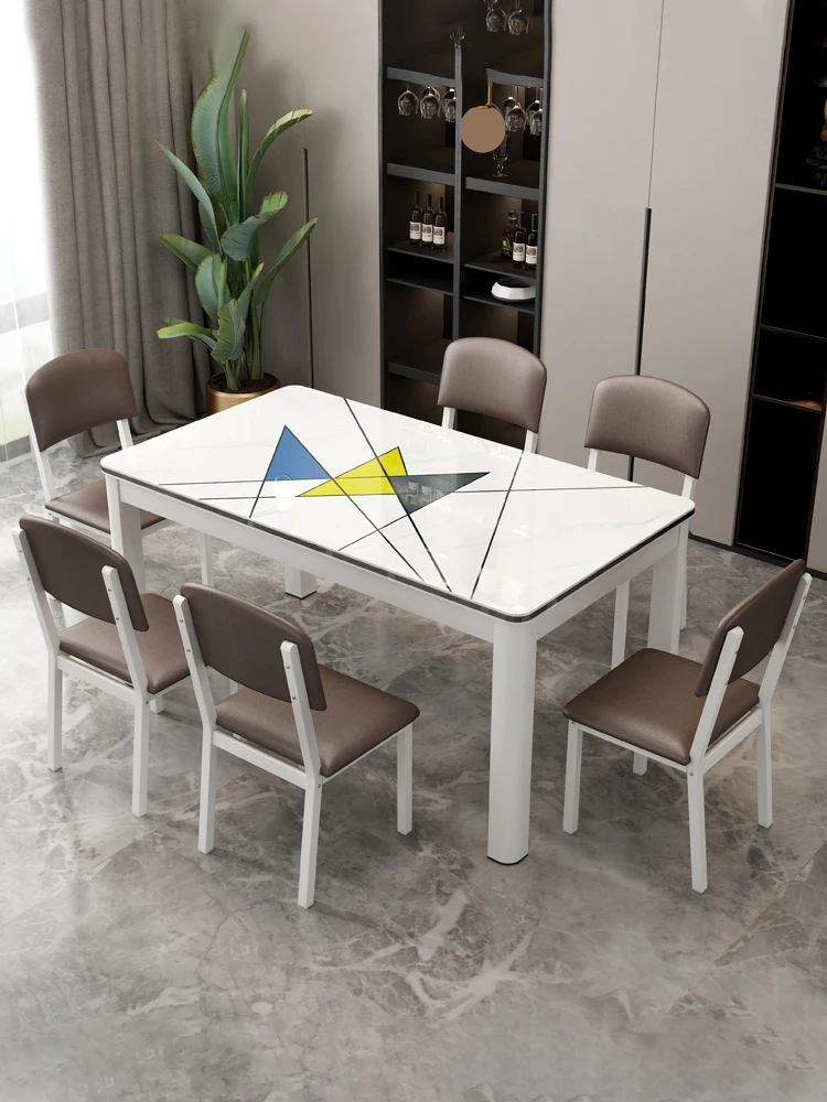 ！@Modern Minimalist Dining Table Chair Combination Mental  Legs  Sintered Stone Top for Living Room Small Unit Rectangular