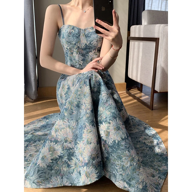 GIDYQ Elegant Floral Dress Women Sexy Sleeveless Strap Midi Dress Korean Casual Slimming Waist Party Camisole Dress Summer New