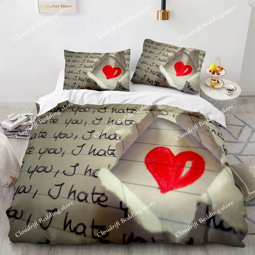 Love Duvet Cover Queen Heart Shaped Bedding Sets White Romance Polyester Comforter Cover For Women Men Boys Girls Teen King Size