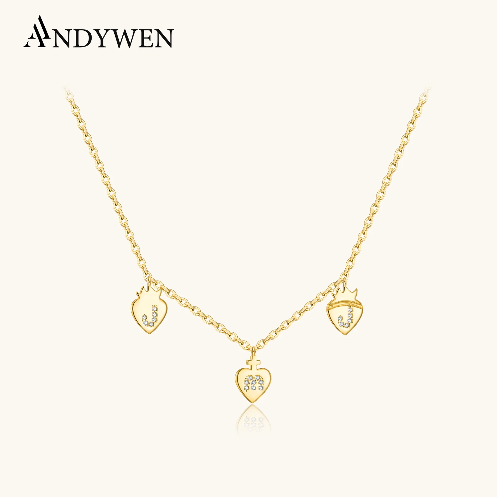 

ANDYWEN 925 Sterling Silver Asymmetric Triple Heart Pendant with Zircon Letters, Trendy Luxury Vintage 2025 New Design Jewelry
