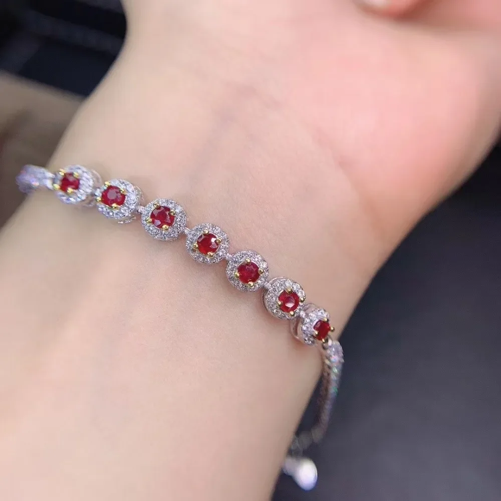 Natural New Burned Ruby Gemstone Luxurious Bracelet 925 Sterling Silver Red Stone Bangle for Women Fine Wedding Jewelry