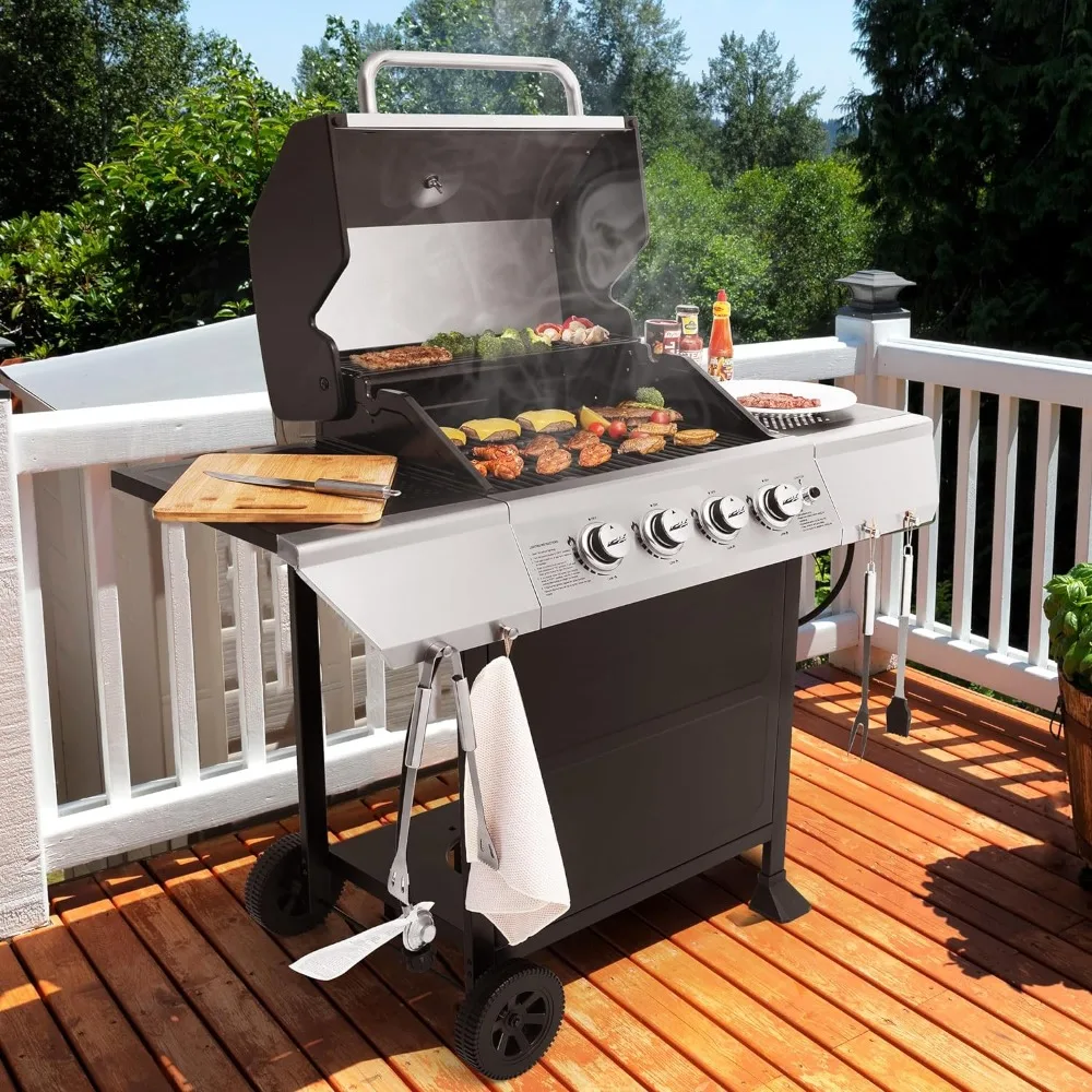 4-Burner BBQ Propane Gas Grill with Stainless Steel Upper Lid, Outdoor Barbecue Gas Grill , 34,000 BTU Output, Black & Silver