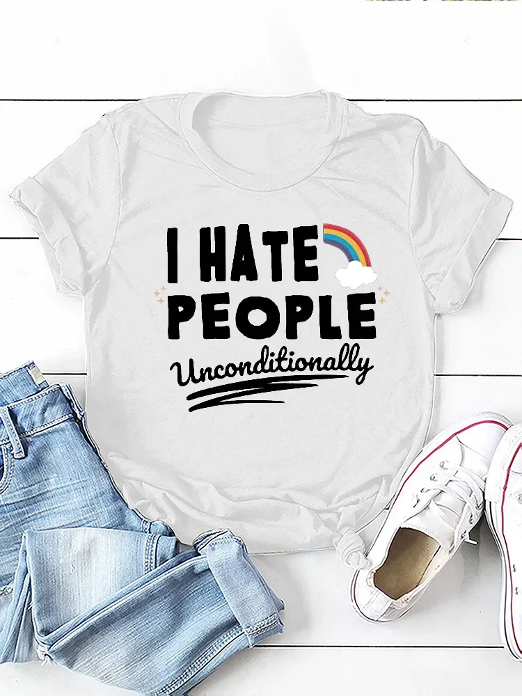 I Hate People Rainbow Print Women T Shirt Short Sleeve O Neck Loose Women Tshirt Ladies Tee Shirt Tops Camisetas Mujer