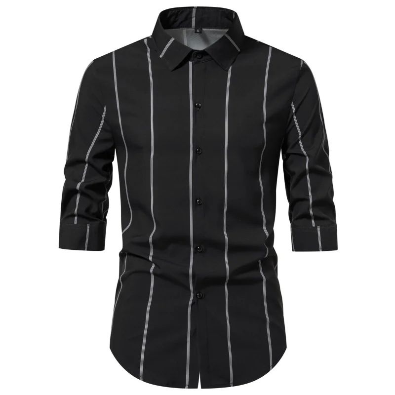 2023 Camisa de Alta Qualidade dos homens novos Casual Solto Respirável Seda Suave Stripe Design Camisas Completas de manga comprida Turn-down Collar