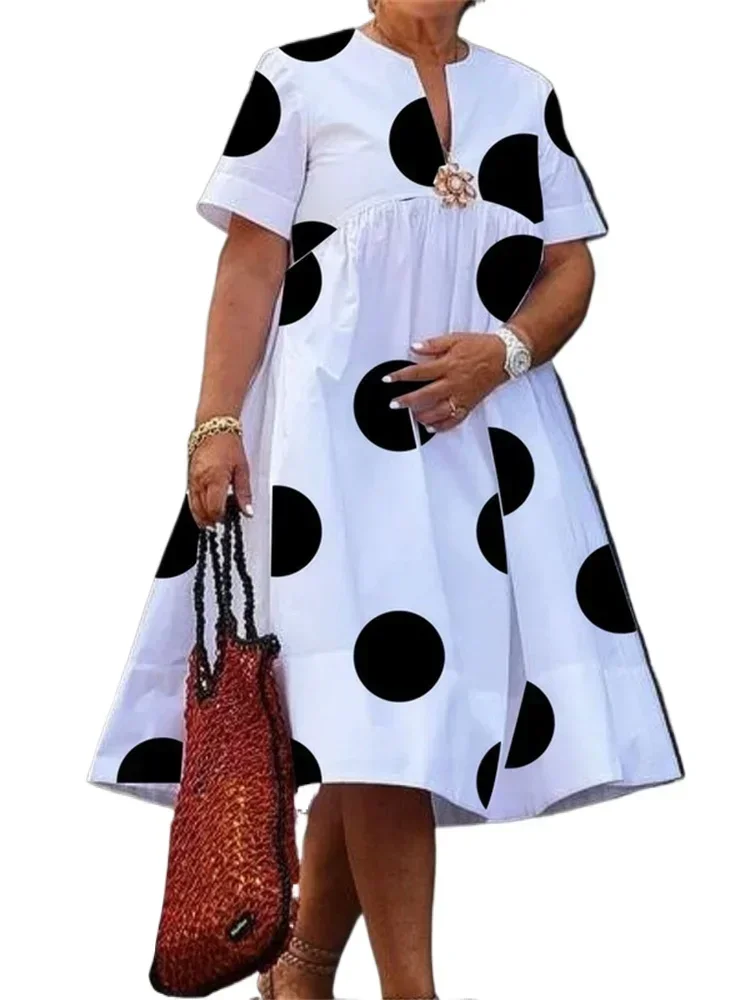 Uoozee Dames Oversize Polka-Dot Hoge Taille A-lijn Jurk 2025, Zomer Korte Mouwen Geplooid Elegant Feestavond Midi-jurken