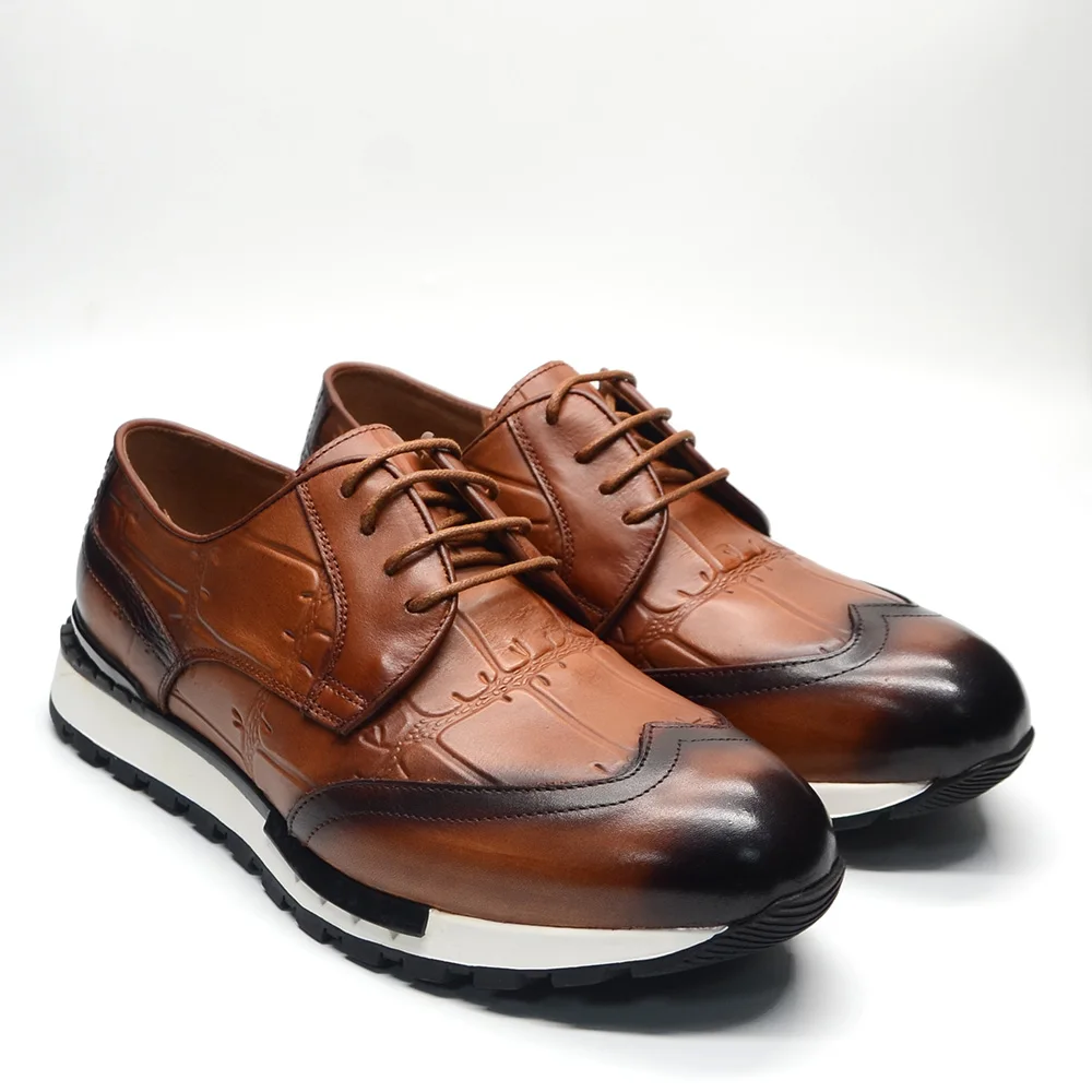 Fashion Geunine Leather Brown Mens Derby Shoes Luxury Comfortable Casual Sneakers Wingtip Toe Lace-up Business Social Footwear