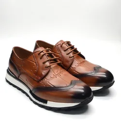 Fashion Geunine Leather Brown Mens Derby Shoes Luxury Comfortable Casual Sneakers Wingtip Toe Lace-up Business Social Footwear