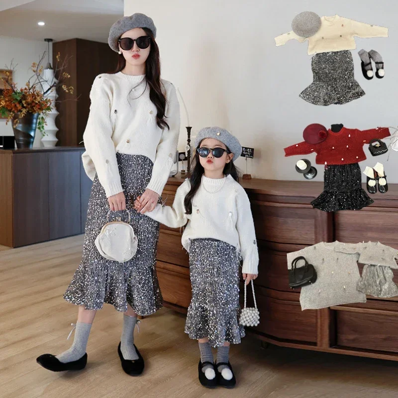 Fashion Clothes Winter Mom and Baby Girl Thick Sweater Warm Shiny Skirts OutfitsMommy and Me Clothing Mother Daughter Matching