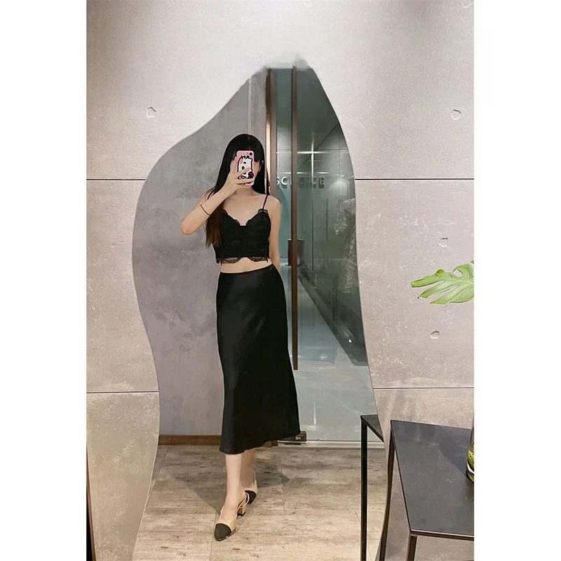 

Susan Faion Classic Bla Silk Satin A-Line Skirt Elastic Waist Slimming Women's Mid-Length f Skirts Summer 2023