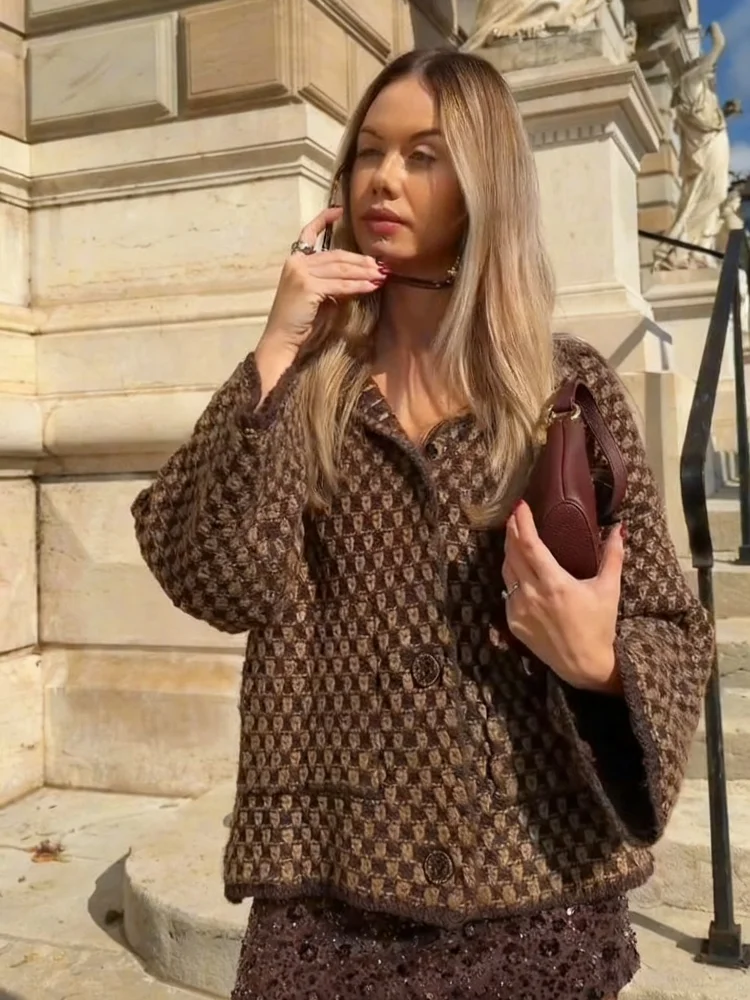 Women's Brown Knitted Cardigan Fashion Turn Down Collar Single Breasted Pockets Sweater Lady 2025 Autumn Casual Street Outerwear