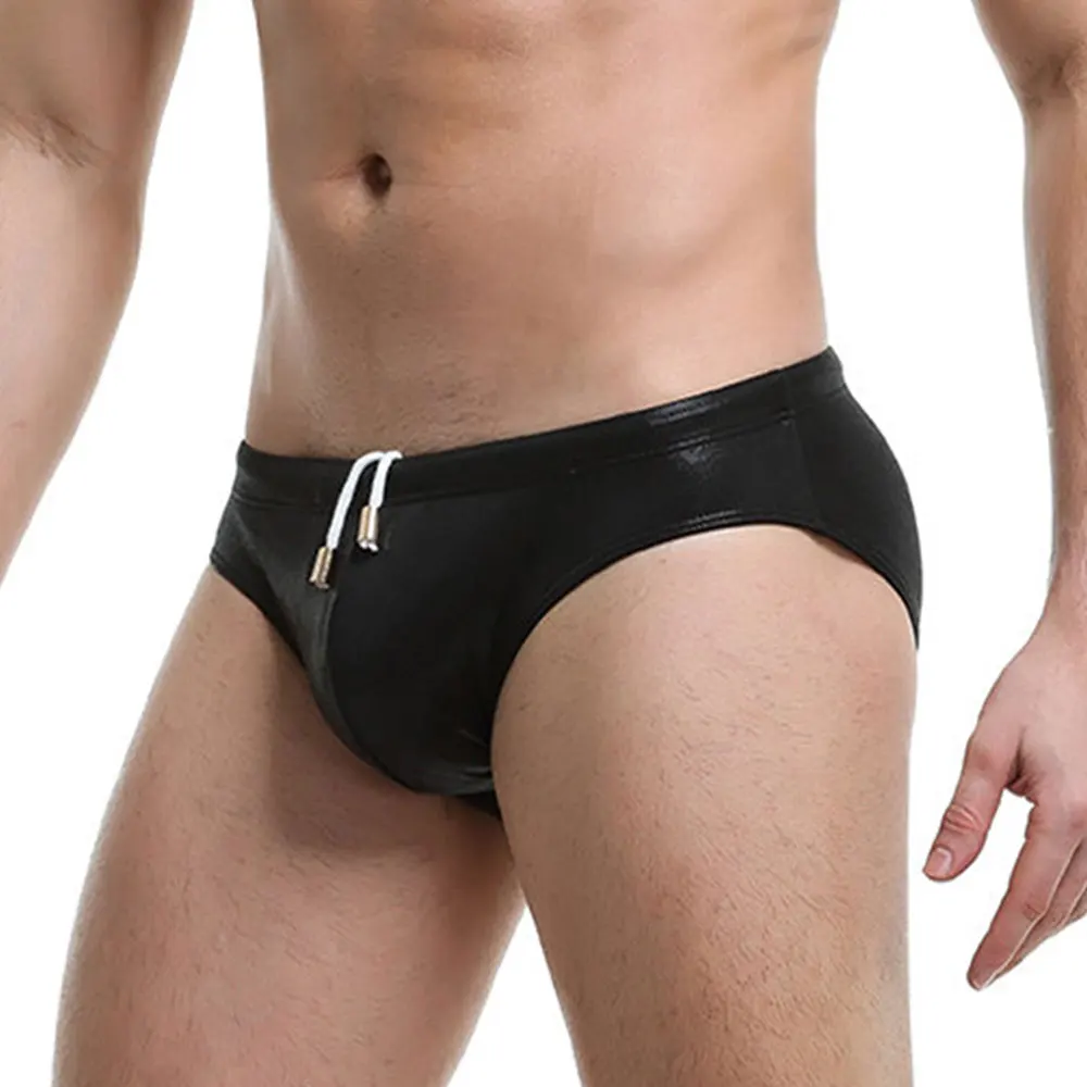 Men's PU Leather Swimwear Sexy Bikini Solid Swim Briefs Low Waist Drawstring Gay Male Beach Shorts Swimming Trunks Bathing Suit