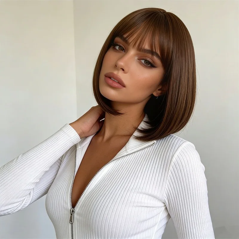 Light Brown Short Hair Women'S Wig Fashionable Outdoor Party Simulation High Temperature Wire Head-Wearing Synthetic Wig